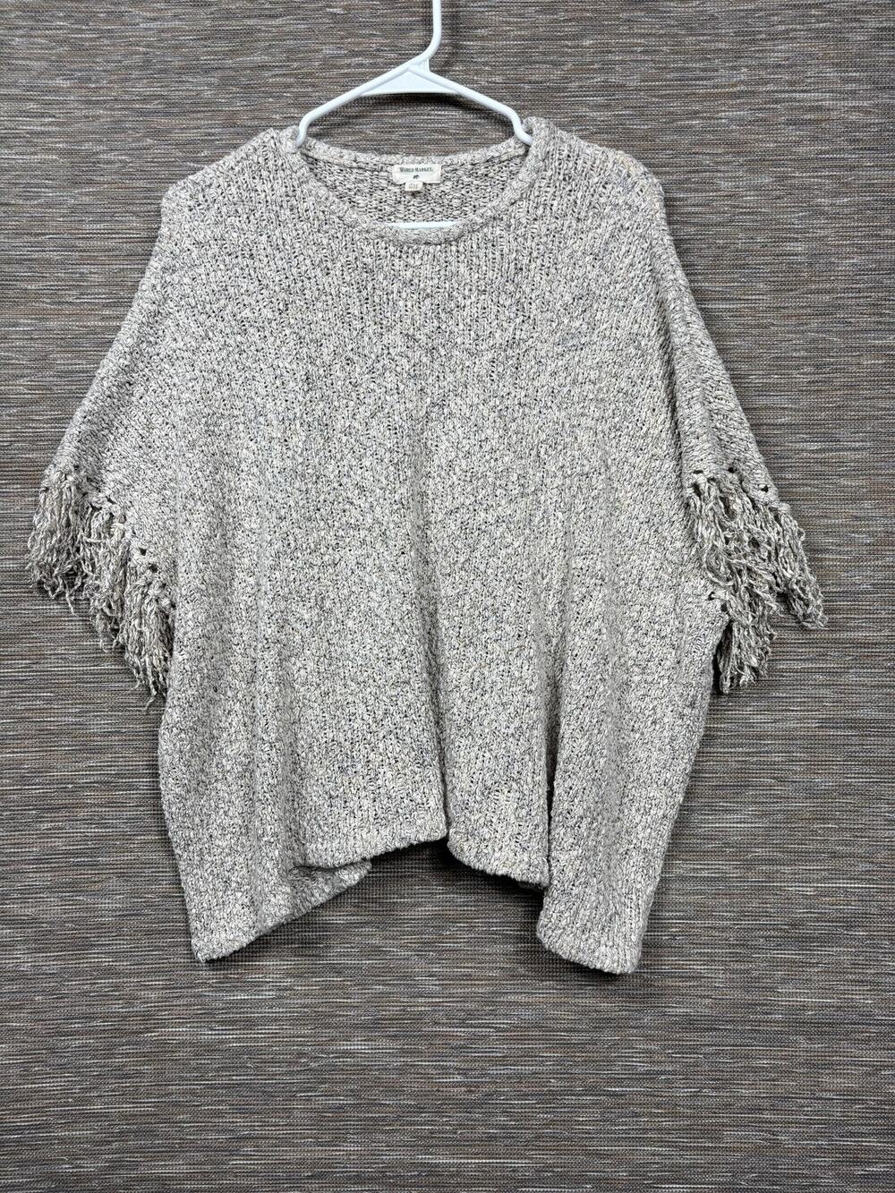 World Market Sweater Cape Womens One Size Gray Fringe Knit Poncho Cozy